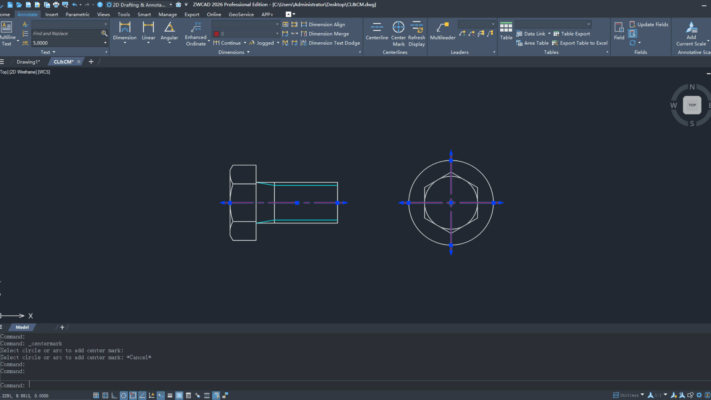 Os a stredová značka v ZWCAD 2026