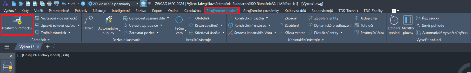 Nastavenie rámika v ZWCAD MFG - krok 1