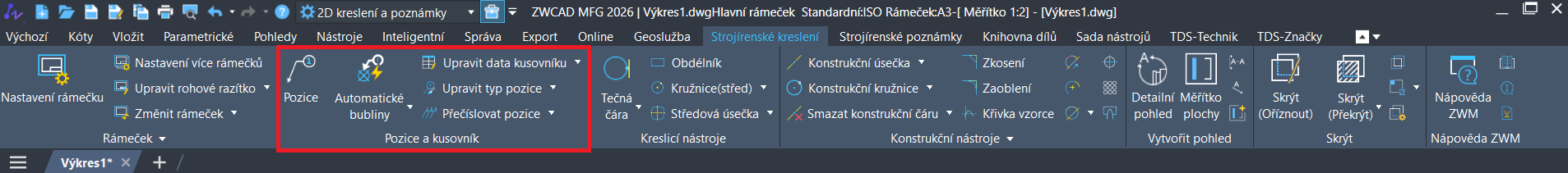 Nastavenie pozícií v ZWCAD MFG - krok 1