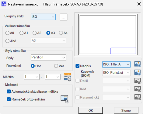 Nastavení rámika v ZWCAD MFG - krok 1