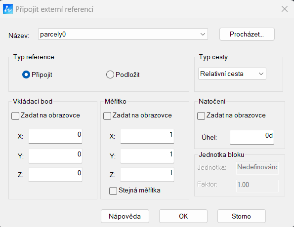Vloženie externej referencie ZWCAD - krok 2