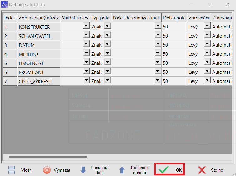 Postup tvorby vlastného razítka v ZWCAD MFG - Definice atributu bloku