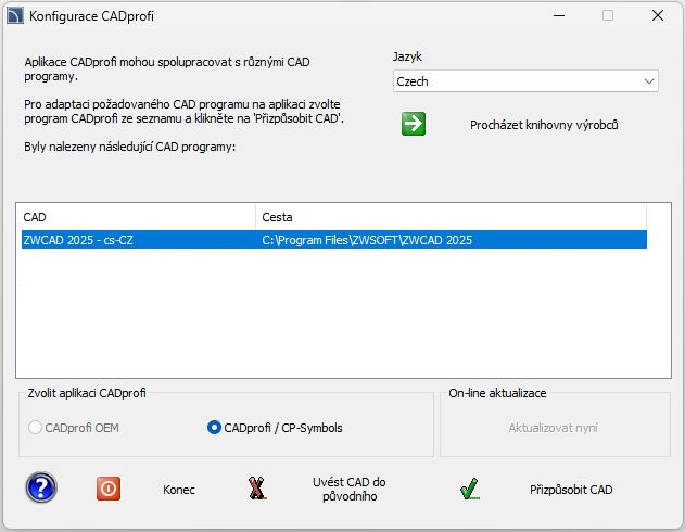 Aktivace CADprofi - výběr CAD programu