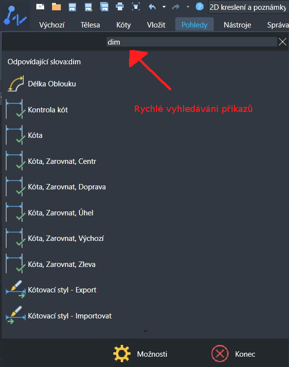 ZWCAD menu aplikácie